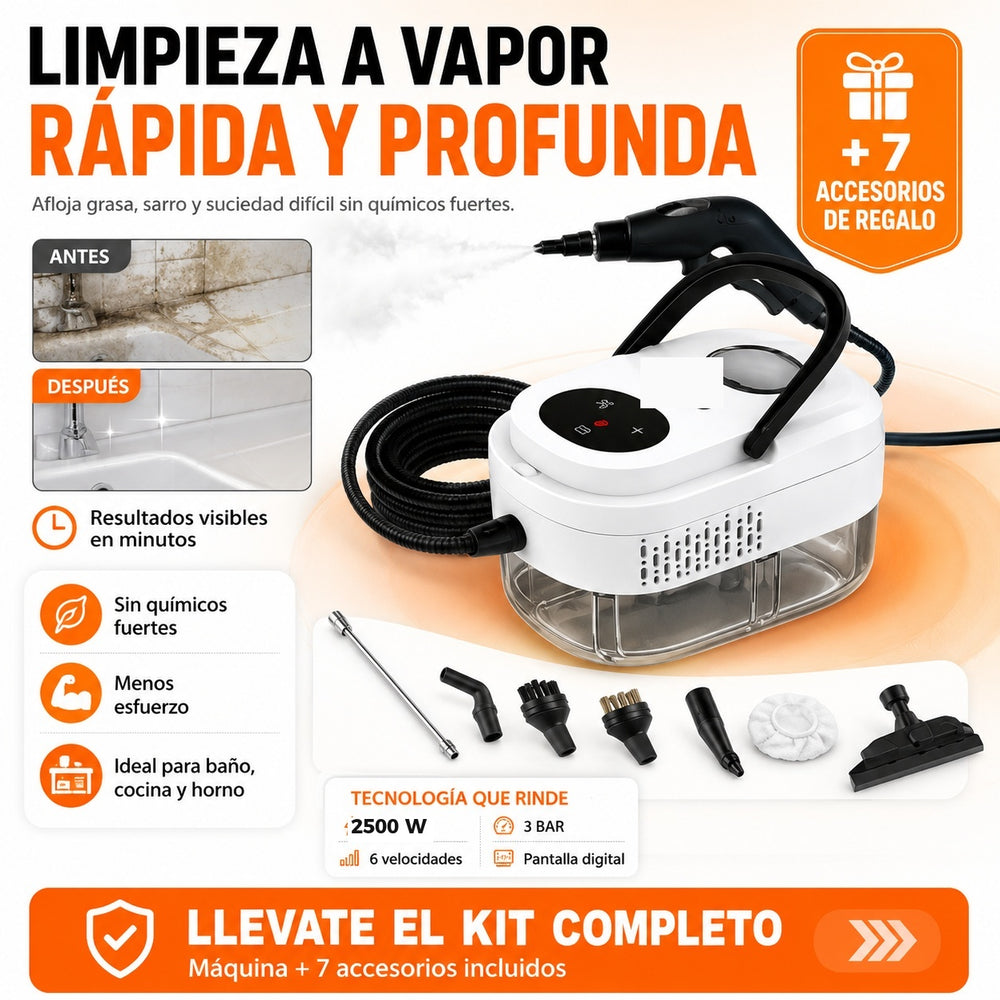 VaporClean Pro — Limpiador a Vapor Portatil 2500W · Elimina Grasa, Sarro y el 99.9% de Bacterias 💨