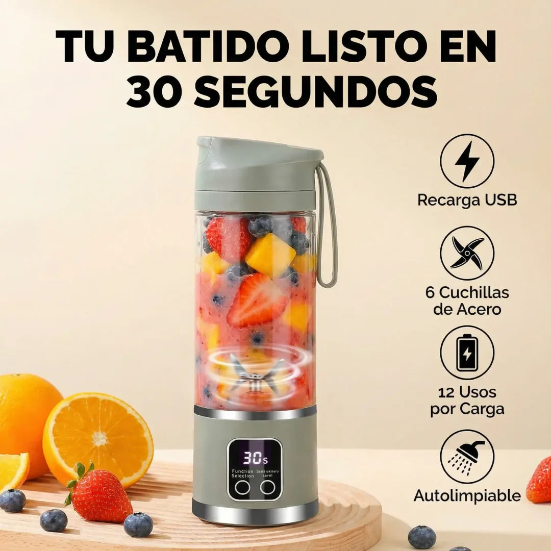 Licuadora portátil: batido listo en 30 segundos, recarga USB, 6 cuchillas de acero, 12 usos por carga, autolimpiable