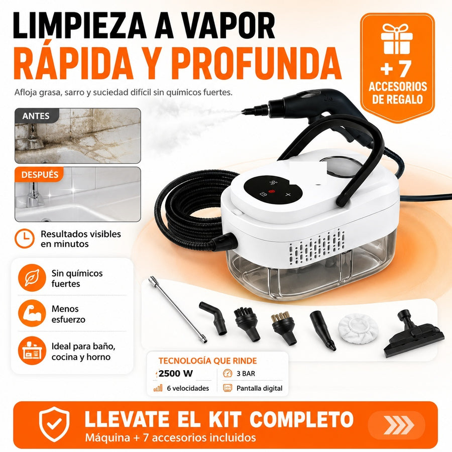 VaporClean Pro — Limpiador a Vapor Portatil 2500W · Elimina Grasa, Sarro y el 99.9% de Bacterias 💨